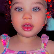 Saylor is registered to the contest to win money with this photo: child, toddler, face, blue_eyes, curly_hair, dress, colorful_clothing, ice_cream_pattern, pink_dress, close_up, portrait, indoor, heart_filter, digital_effect, cute, young_child, expression, skin, lips, eyelashes
