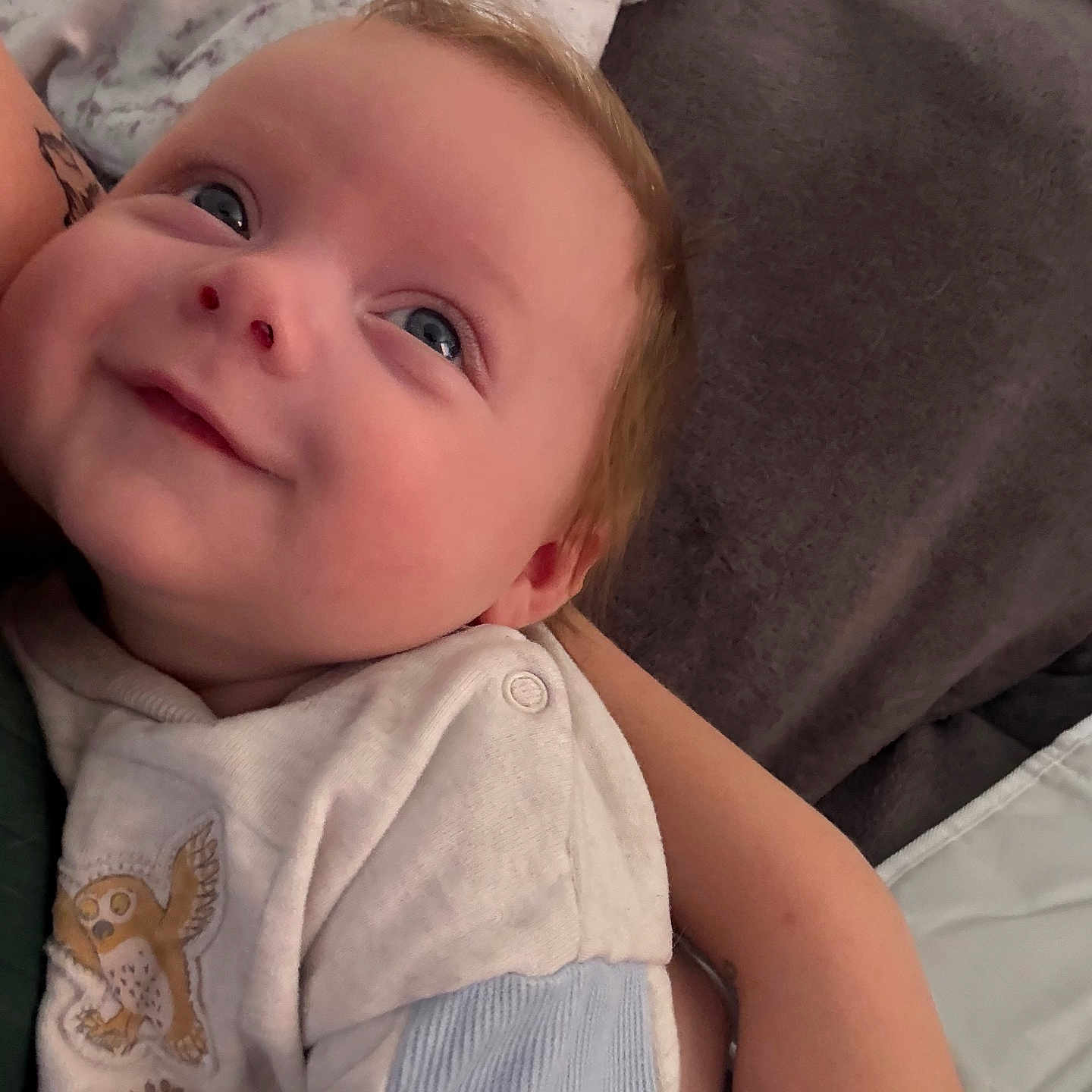 Vinnie joined the competition — help win amazing prizes! animal_print, arm, baby, blue_eyes, child, closeup, clothing, comfort, cozy, cute, face, happy, head, indoor, infant, person, portrait, skin, smiling, soft