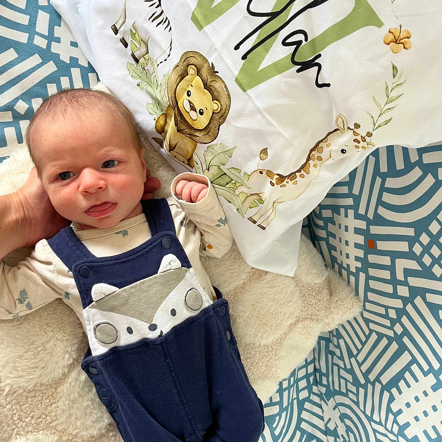 Wellan a rejoint le concours — aidez-le/la à gagner de superbes lots ! animal_illustrations, baby, blanket, child, clothing, cozy, cute, giraffe, hand, infant, lion, nursery, overalls, patterned_bedding, person, pillow, sleeping_area, soft_texture, tongue_out, zebra