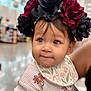 baby, bib, black_flowers, blurred_background, child, clothing, curious_expression, cute, face, floral_headband, headwear, indoor, person, portrait, public_space, red_flowers, soft_lighting, sweater, toddler, young_child
