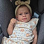 Alma participe au concours pour gagner de l'argent avec cette photo : baby, child, car_seat, headband, bow, floral_clothing, pacifier, gray_fabric, infant, sitting, cute, portrait, indoors, safety_warning, expression, hand, soft_texture, seat_belt, person, clothing