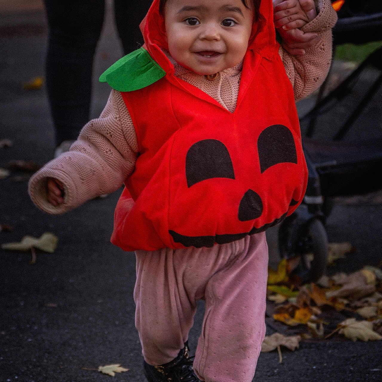 Iris a rejoint le concours — aidez-le/la à gagner de superbes lots ! adult_hand, autumn, black_boots, child, cute, fallen_leaves, green_leaf, hand_holding, happy, hood, orange, outdoor, pavement, person, pink_pants, pumpkin_costume, smile, stroller, toddler, walking