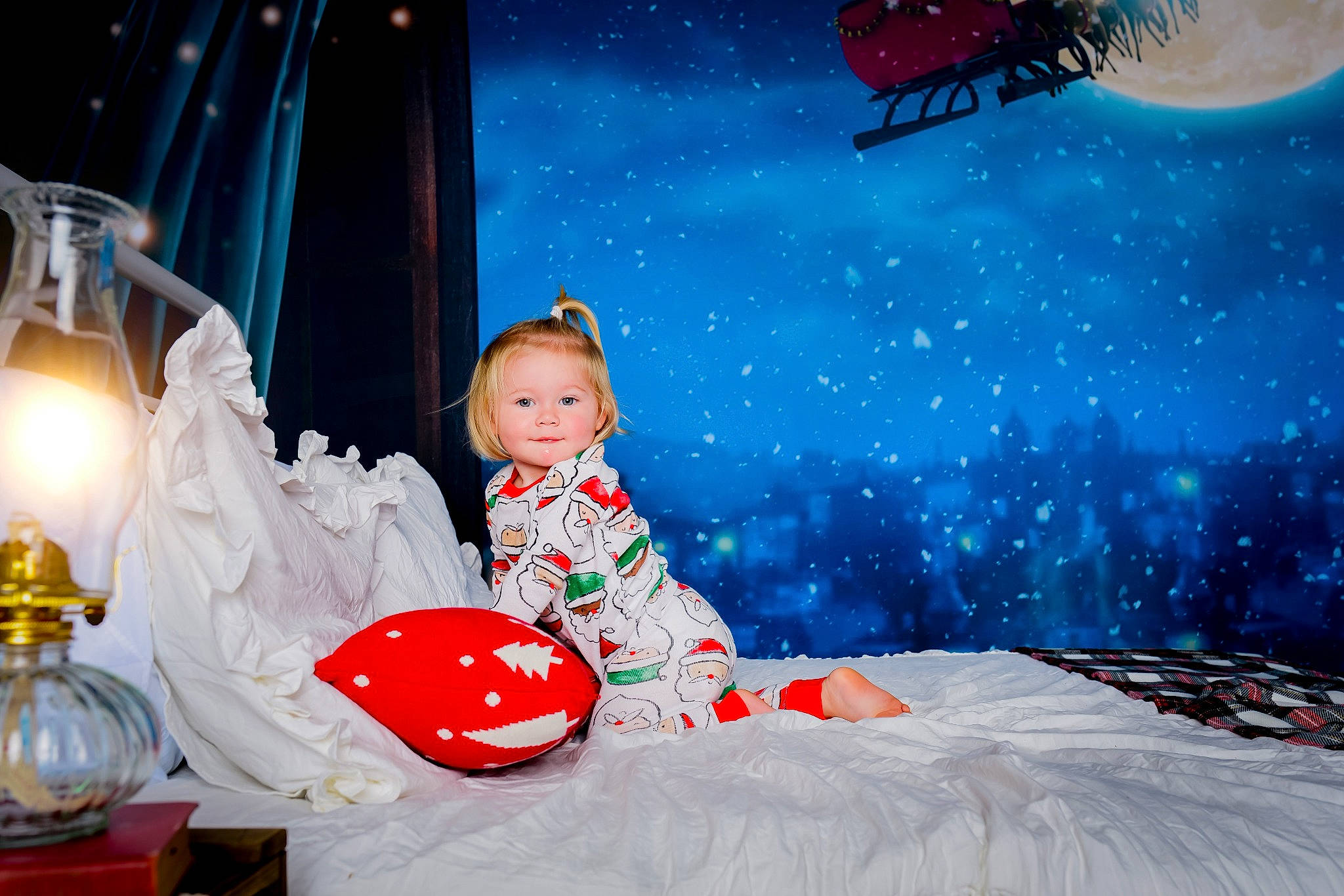 Kyleigh is registered to the contest to win money with this photo: art, astronomical_object, baby, christmas, christmas_decoration, christmas_eve, event, fictional_character, fun, happy, holiday, illustration, lamp, lighting, ornament, painting, person, pink, snow, toddler