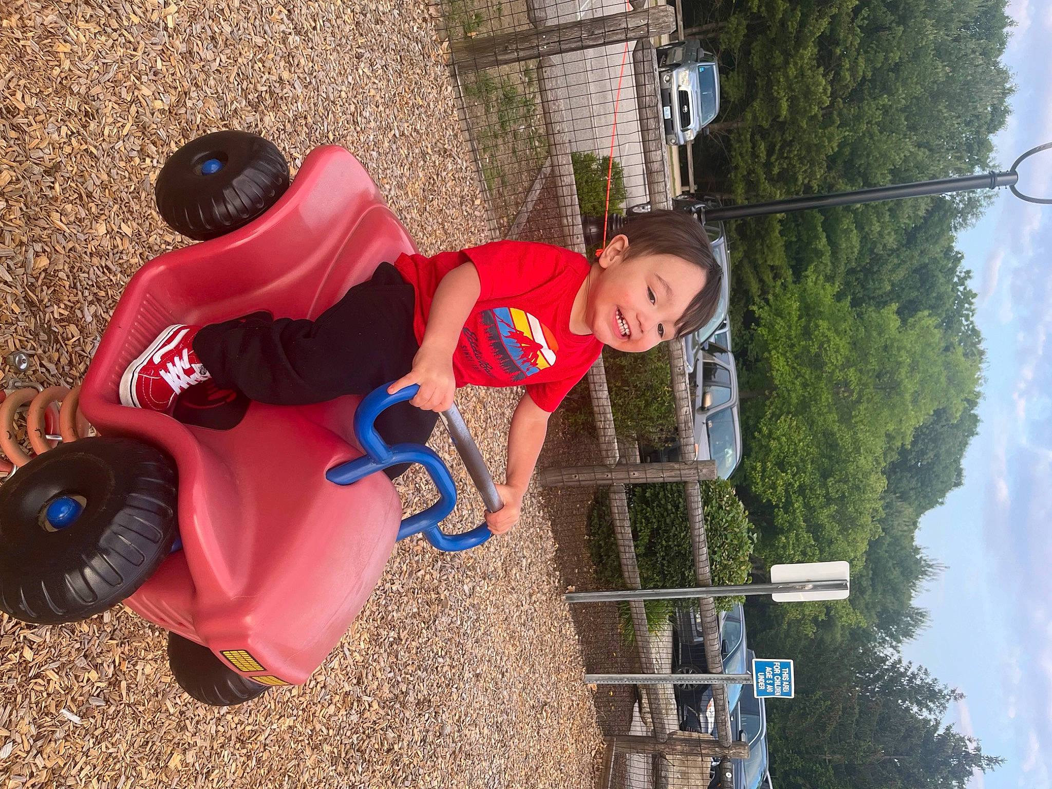 Alonzo is registered to the contest to win money with this photo: automotive_tire, child, city, cloud, electric_blue, fun, hat, joy, leisure, outdoor_play_equipment, person, plant, play, recreation, sky, soil, t_shirt, tire, toddler, tree