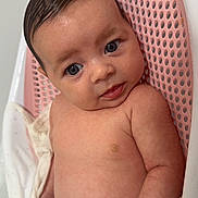 Esmae joined the competition — help win amazing prizes! baby, infant, child, bath, bathtub, pink_bath_seat, white_cloth, wet_hair, skin, face, eyes, hand, cute, portrait, indoors, relaxing, looking_at_camera, water, young, comfort