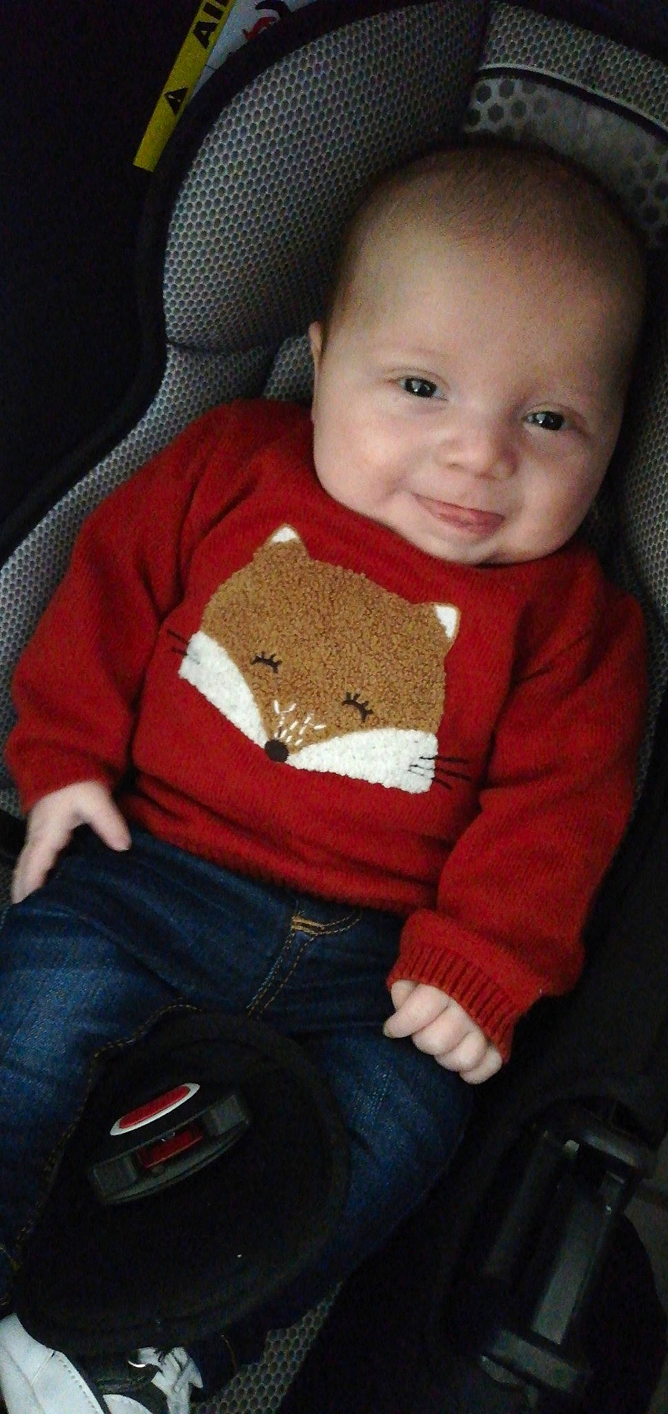 Malone a rejoint le concours — aidez-le/la à gagner de superbes lots ! boy, car_seat, cheek, child, cool, eye, fun, infant, mouth, person, product, red, sitting, skin, smile, toddler