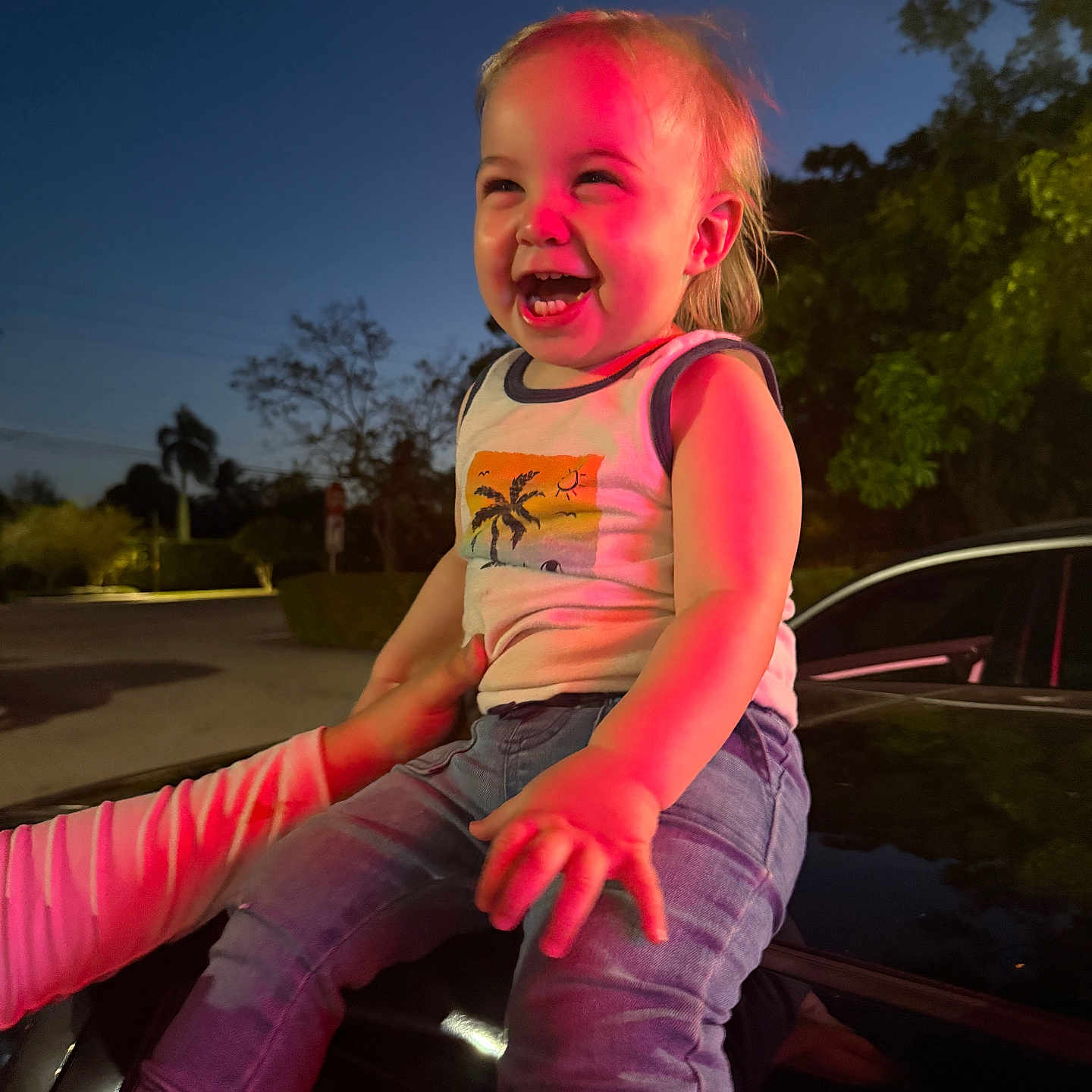 Noah joined the competition — help win amazing prizes! car, casual, child, clothing, fun, hand, happy, jeans, joy, night, outdoor, person, portrait, sky, smiling, sunset, support, tank_top, toddler, trees