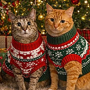 Heidi And Lucki joined the competition — help win amazing prizes! cats, cat, tabby_cat, orange_tabby, holiday_cat, christmas_tree, christmas_ornaments, sweater, christmas_sweater, festive, bokeh_lights, presents, carpet, cozy, whiskers, portrait, sitting, indoor, adorable, pet_photography