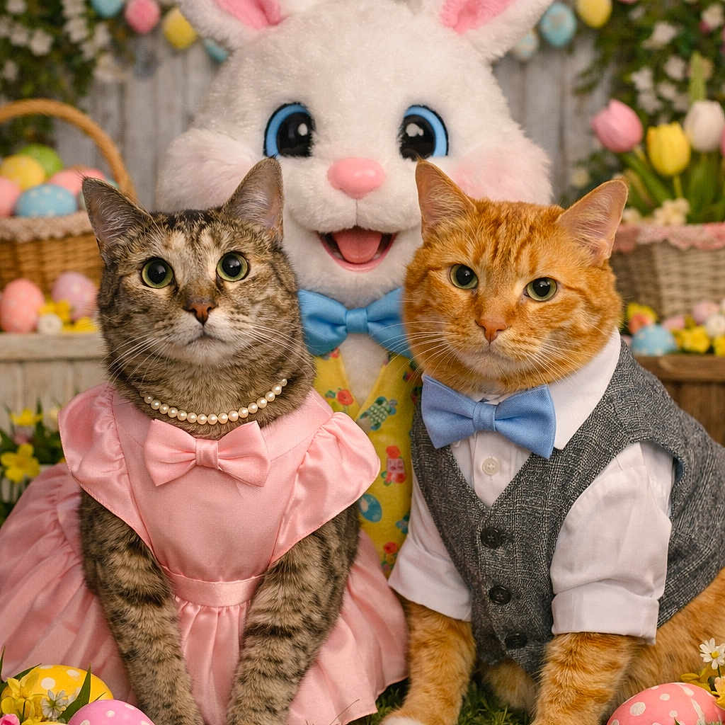 Heidi And Lucki is registered to the contest to win money with this photo: basket, bow_tie, cat, costume, decorated_eggs, dress, easter_bunny, easter_eggs, festive, flowers, grass, holiday, mascot, orange_cat, pearls, photo_studio, portrait, spring, tabby_cat, tulips