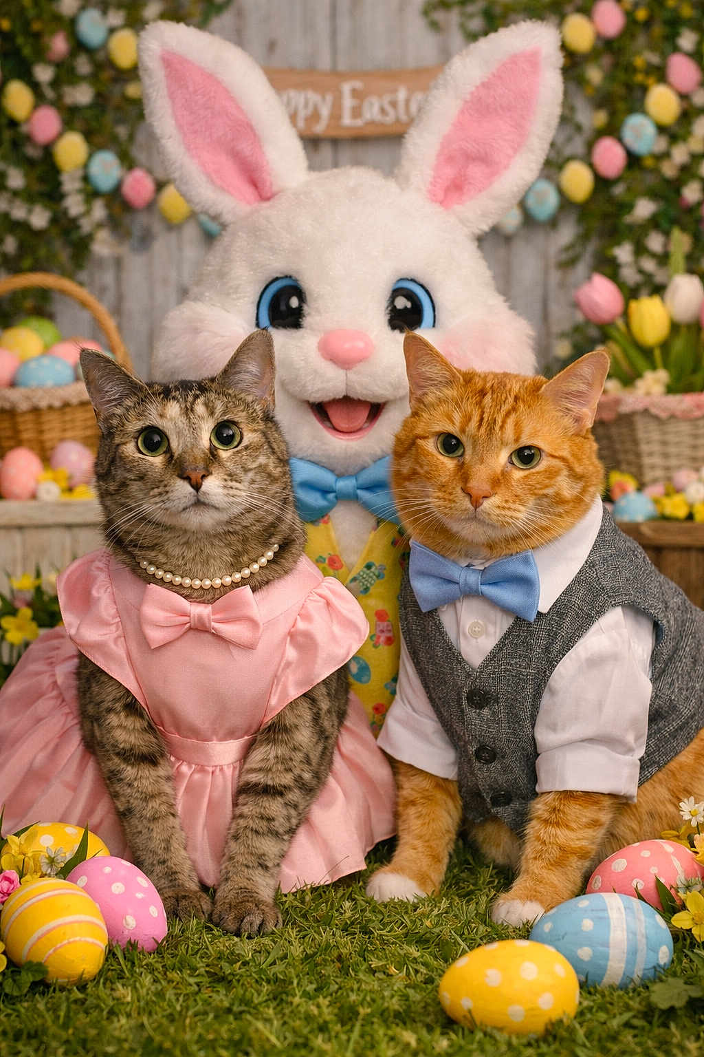 Heidi And Lucki is registered to the contest to win money with this photo: cat, tabby_cat, orange_cat, easter_bunny, mascot, costume, bow_tie, dress, pearls, easter_eggs, decorated_eggs, basket, tulips, grass, portrait, spring, festive, holiday, flowers, photo_studio
