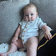 Emiliano joined the competition — help win amazing prizes! baby, child, infant, sitting, couch, sofa, portrait, indoors, home, blue_eyes, white_shirt, buttoned_outfit, bare_feet, blanket, pillow, cushion, furniture, centered, calm, photograph