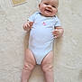 baby, infant, smiling, onesie, milestone_card, blanket, lying_down, happy, cute, child, soft_texture, skin, chubby_legs, indoors, portrait, young_child, celebration, milestone, baby_clothes, resting