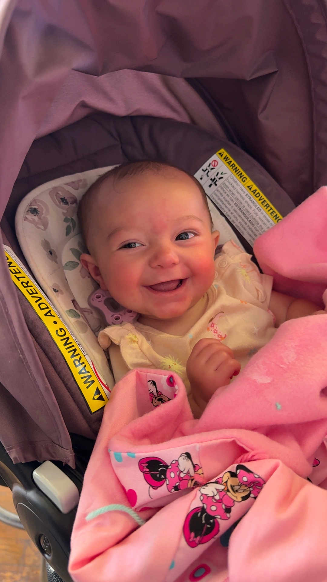 Liliana is registered to the contest to win money with this photo: baby, smiling, infant, pink_blanket, minnie_mouse, car_seat, warning_label, cute, happy, child, portrait, indoors, clothing, fabric, seat, young_child, face, person, baby_clothes, blanket