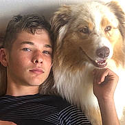 Nooga a rejoint le concours — aidez-le/la à gagner de superbes lots ! brown_and_white_dog, casual, closeup, companion, couch, dog, face, fluffy_dog, friendship, happy, human, indoor, light, pet, portrait, relaxed, resting, smiling_dog, striped_shirt, young_man