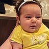 baby, child, infant, headband, yellow_shirt, cute, indoors, person, face, portrait, soft_lighting, hand, curly_hair, expression, young_child, clothing, sitting, skin, cheeks, bunny_design