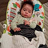 Briiella-Rose is registered to the contest to win money with this photo: baby, baby_rocker, blanket, carpet, child, clothing, colorful, cute, expression, face, floor, hair, indoor, infant, person, pouty, seat, toy_pattern, wooden_floor, wrapped