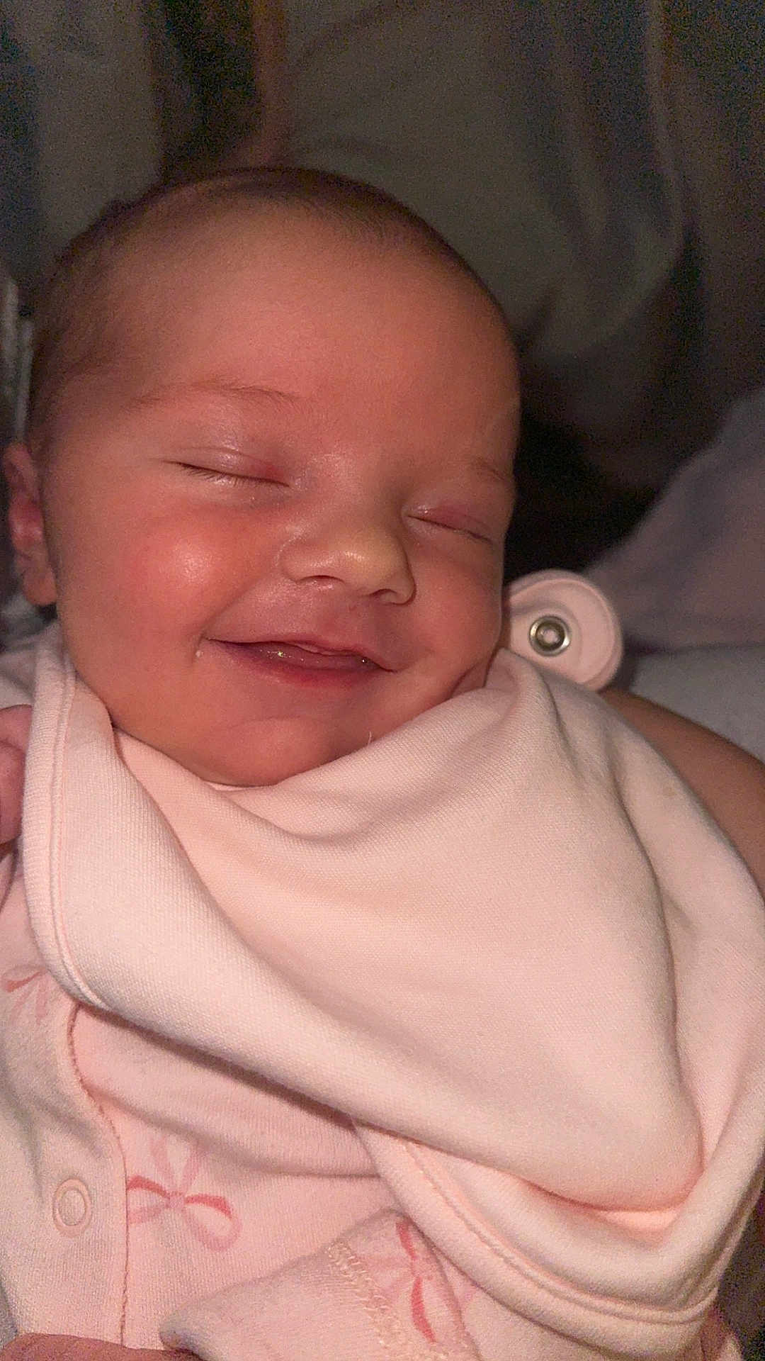 Tillie-Mae joined the competition — help win amazing prizes! baby, smiling, sleeping, face, infant, pink, clothing, blanket, closeup, cute, newborn, skin, child, peaceful, portrait, soft, happy, young, indoors, resting