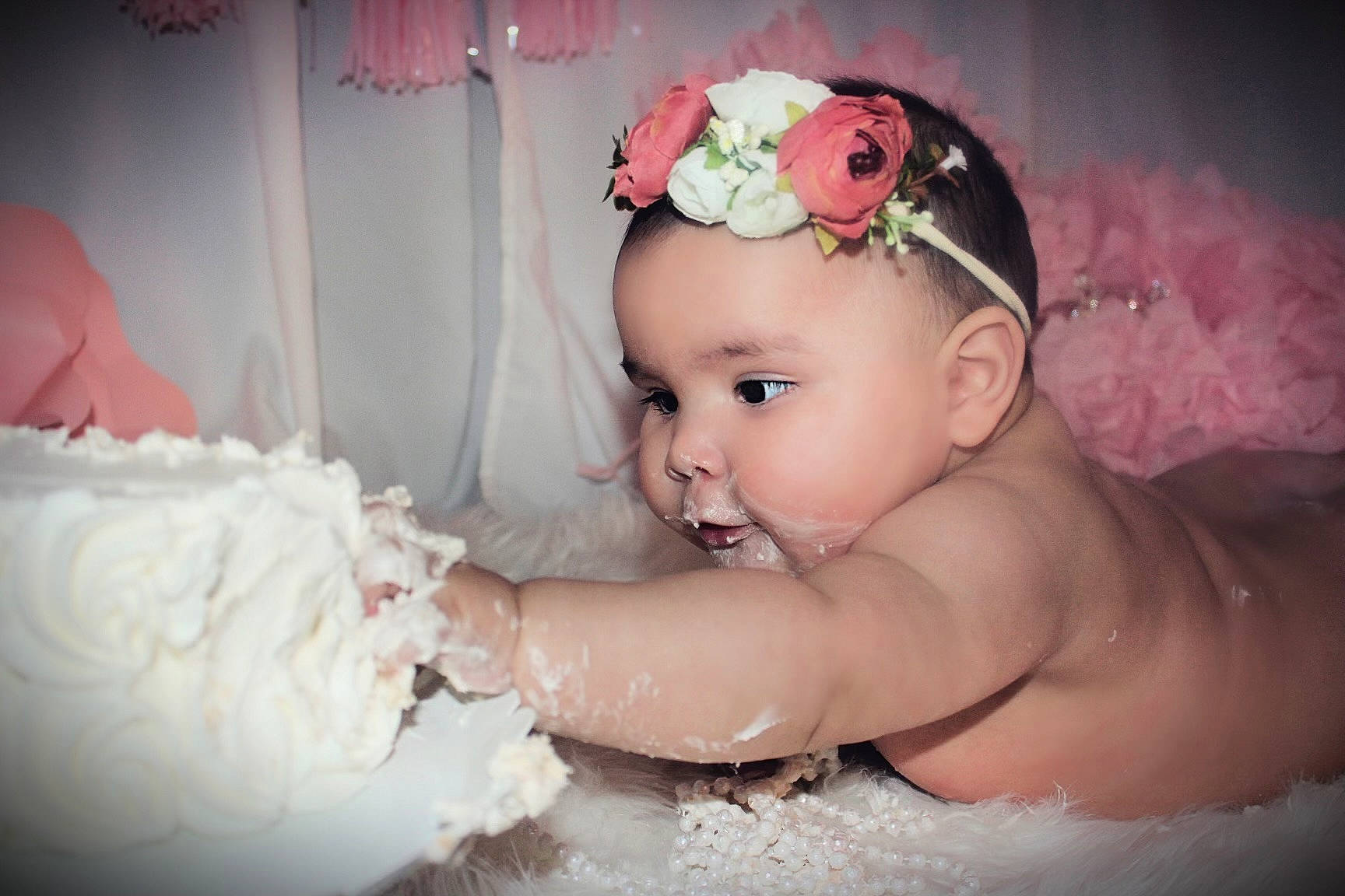 Amara Grace joined the competition — help win amazing prizes! baby, bridal_accessory, buttercream, cake_decorating, child, embellishment, event, flash_photography, flower, hair_accessory, happy, headband, headpiece, headwear, iris, jewellery, person, petal, pink, sugar_cake