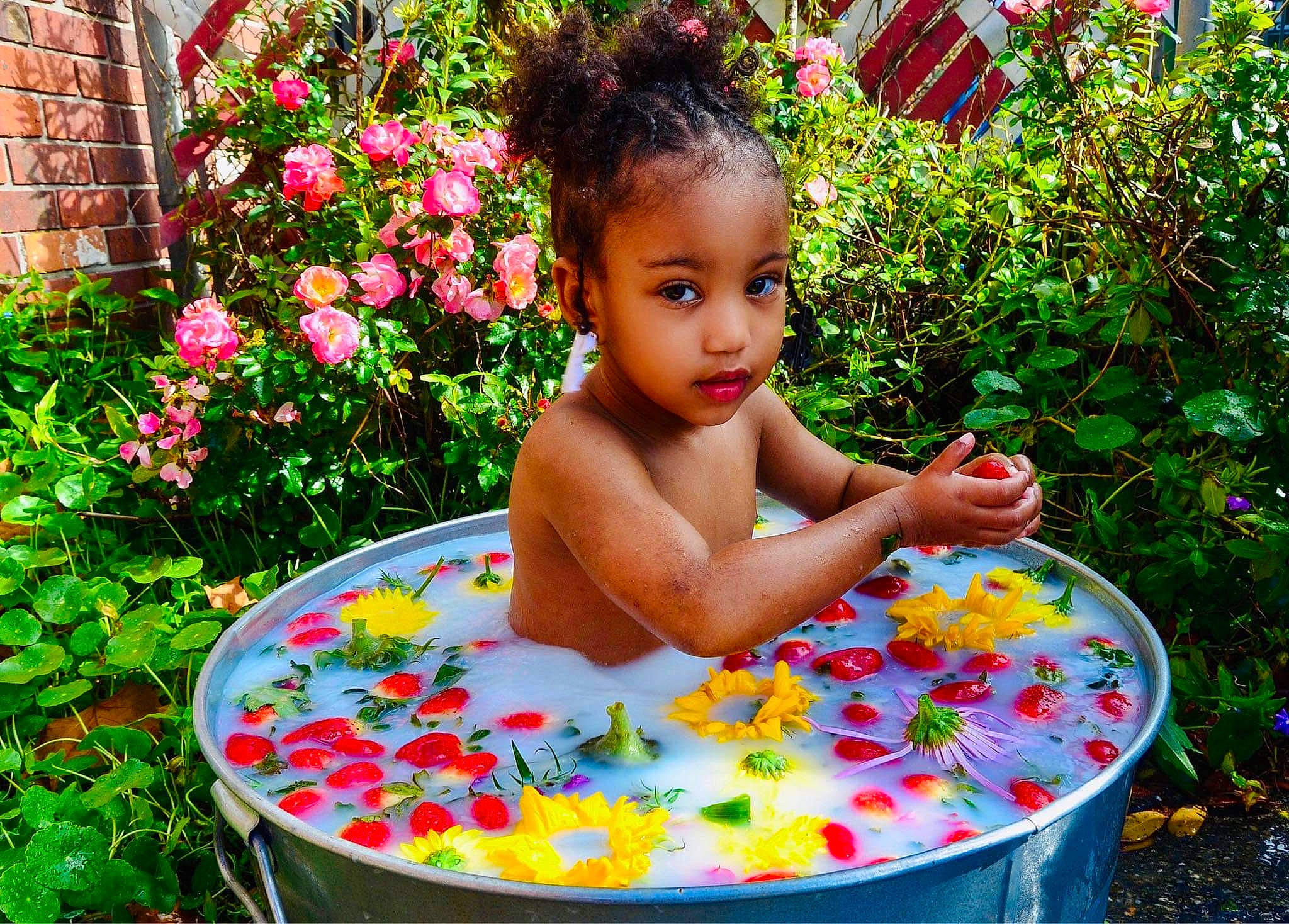 Blessyn joined the competition — help win amazing prizes! annual_plant, bathing, beauty, child, flower, fun, garden, grass, green, happy, leisure, nature, people_in_nature, person, petal, plant, recreation, shrub, summer, toddler