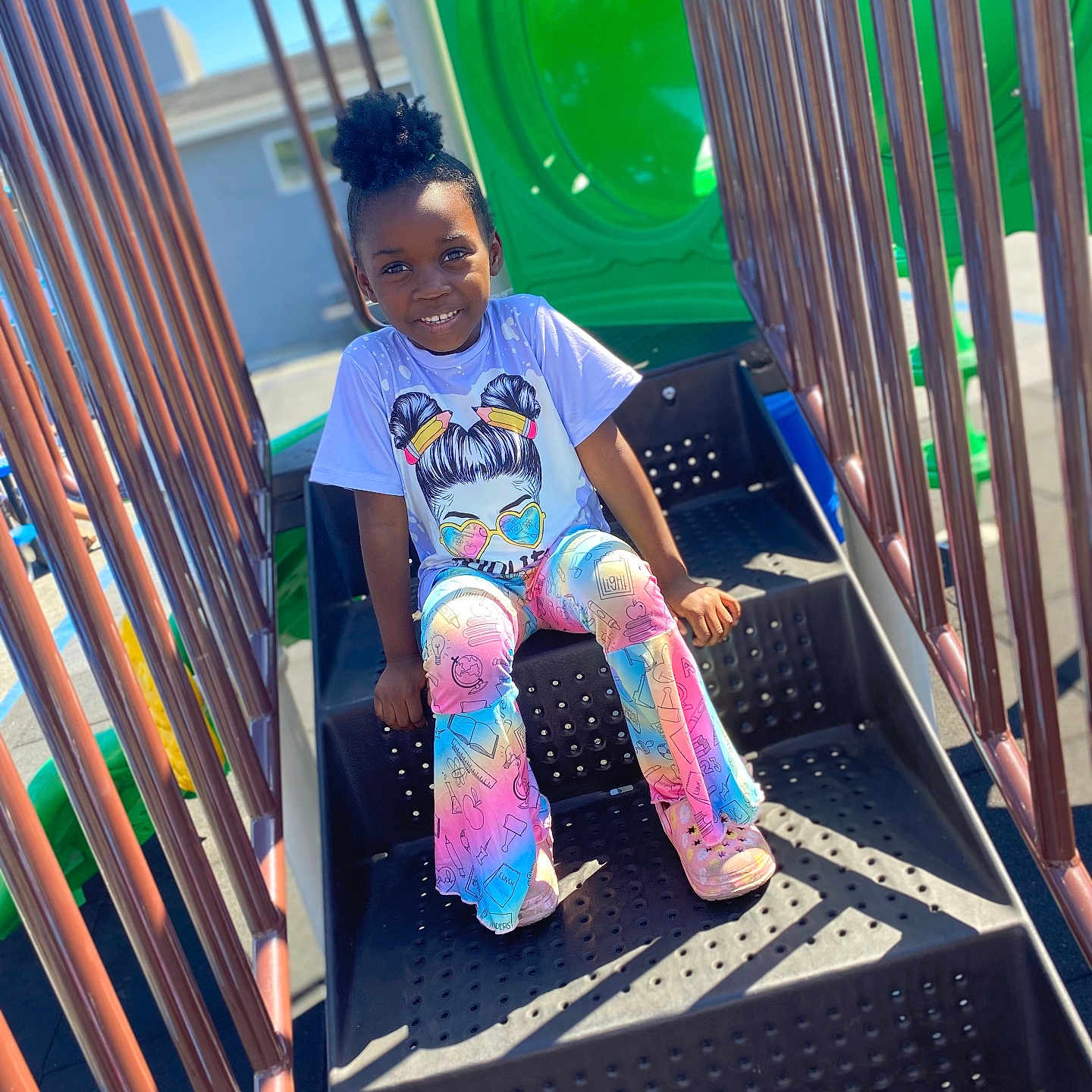 Jeniyah joined the competition — help win amazing prizes! architecture, building, child, clothing, face, female, girl, head, house, housing, jeans, outdoorplayarea, outdoors, pants, person, photography, playarea, portrait, sitting, staircase