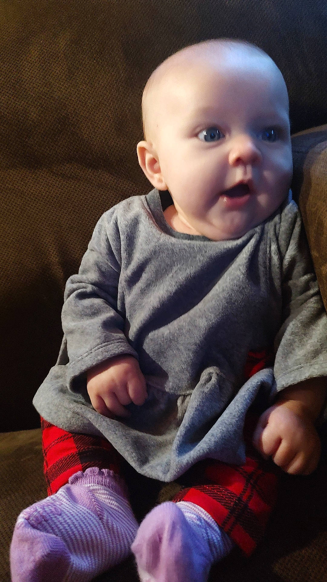 Diana joined the competition — help win amazing prizes! baby, baby_toddler_clothing, cheek, child, comfort, dress, finger, flooring, grey, happy, head, iris, nose, pattern, person, plaid, sitting, skin, sleeve, tartan