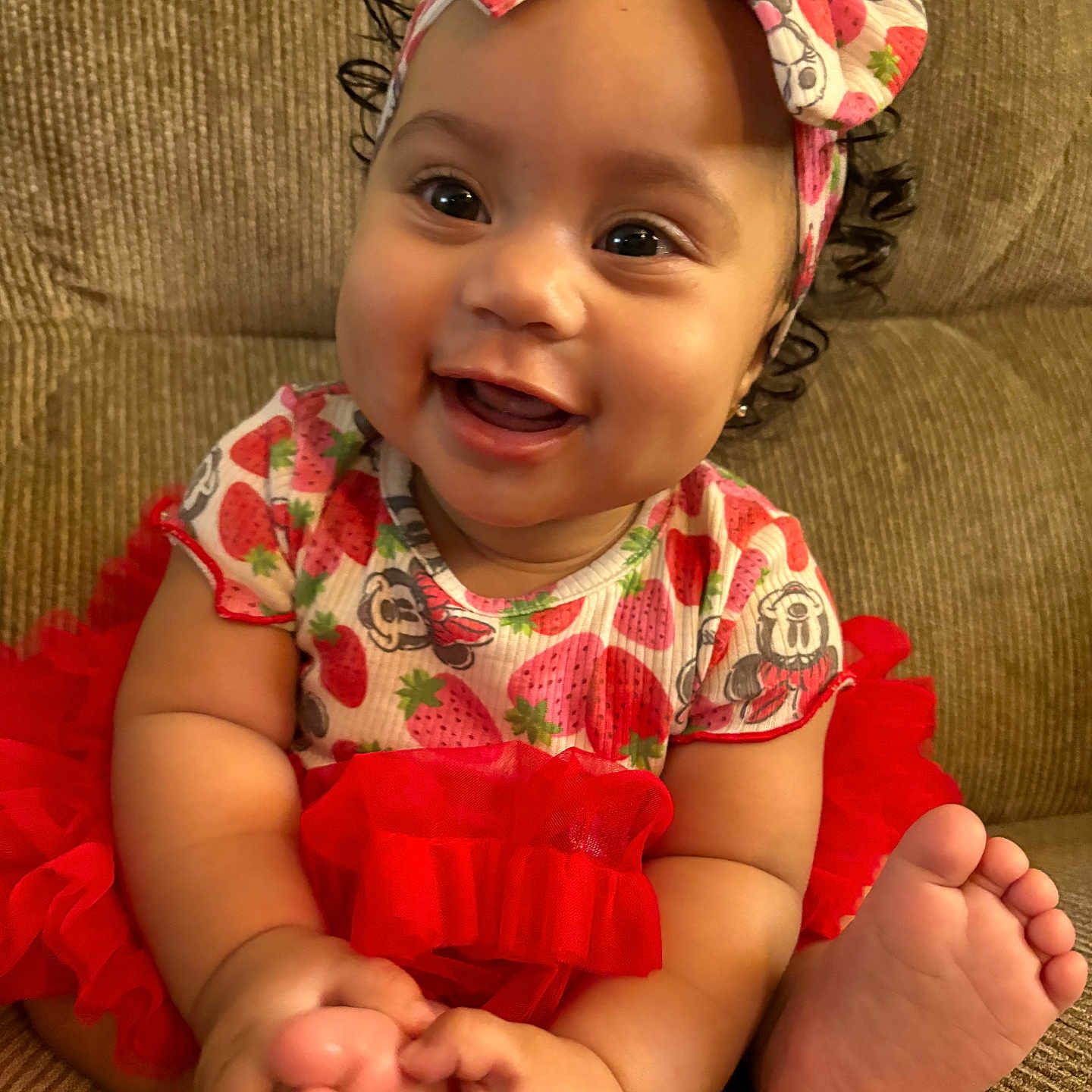 Ivyanna joined the competition — help win amazing prizes! baby, bow, child, couch, curly_hair, cute, dress, fabric, feet, hands, happy, headband, indoors, infant, portrait, red, smiling, strawberry, toes, tutu