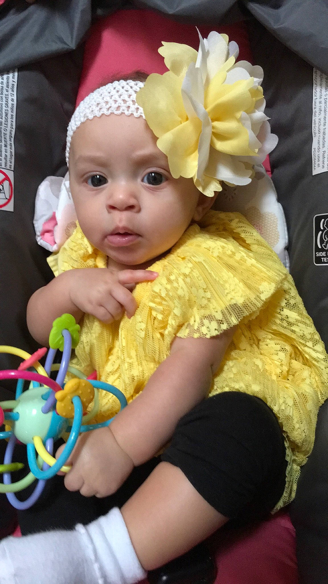 Kiera joined the competition — help win amazing prizes! baby, cheek, child, fashion_accessory, hair_accessory, headband, headgear, headpiece, headwear, person, smile, toddler, yellow