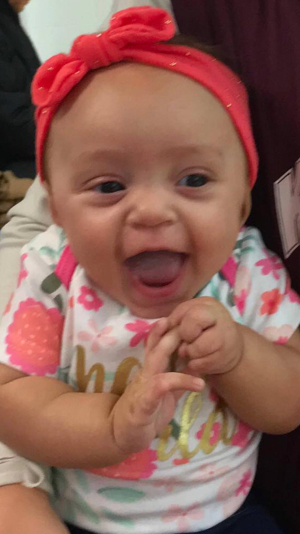 Kiera is registered to the contest to win money with this photo: baby, baby_laughing, baby_making_funny_faces, cheek, child, face, facial_expression, happy, head, headgear, laugh, lip, mouth, nose, person, pink, skin, smile, toddler