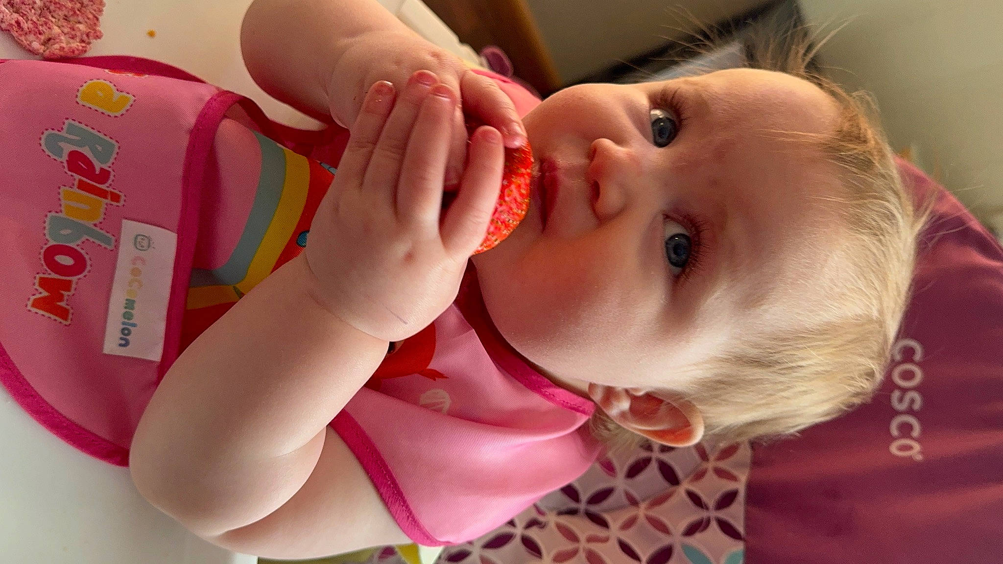 Freyja is registered to the contest to win money with this photo: baby, baby_grabbing_for_something, baby_toddler_clothing, cheek, child, drinkware, ear, eyelash, finger, gesture, happy, lip, mouth, nail, neck, nose, person, pink, skin, smile