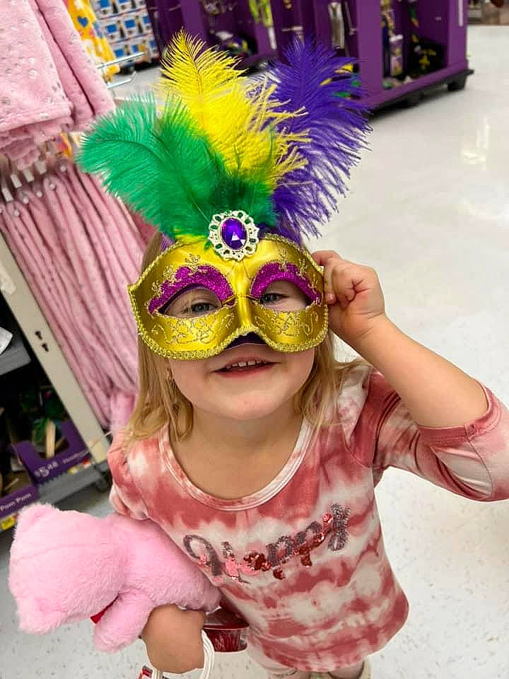 Laynie-lou joined the competition — help win amazing prizes! art, baby_toddler_clothing, costume, entertainment, event, eyelash, eyewear, fashion_accessory, feather, fun, happy, headgear, magenta, mask, performing_arts, person, pink, purple, smile, toddler