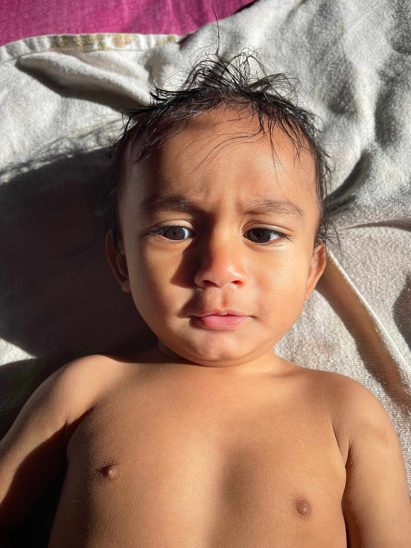 Deep Jaiswal joined the competition — help win amazing prizes! toddler, child, face, skin, hair, bare_chest, towel, portrait, sunlight, shadow, expression, young, indoors, closeup, person, head, eyes, mouth, nose, eyebrows