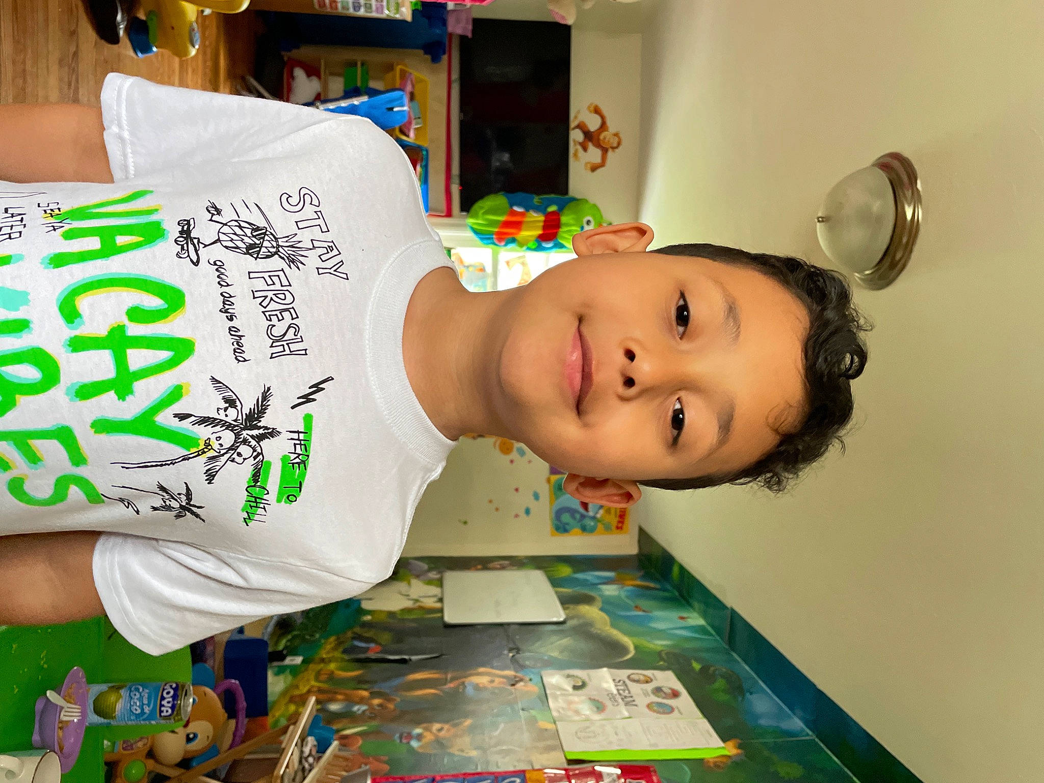 Benjamim joined the competition — help win amazing prizes! baby, cheek, child, flooring, food, fun, green, happy, joy, person, room, sleeve, smile, t_shirt, toddler, visual_arts