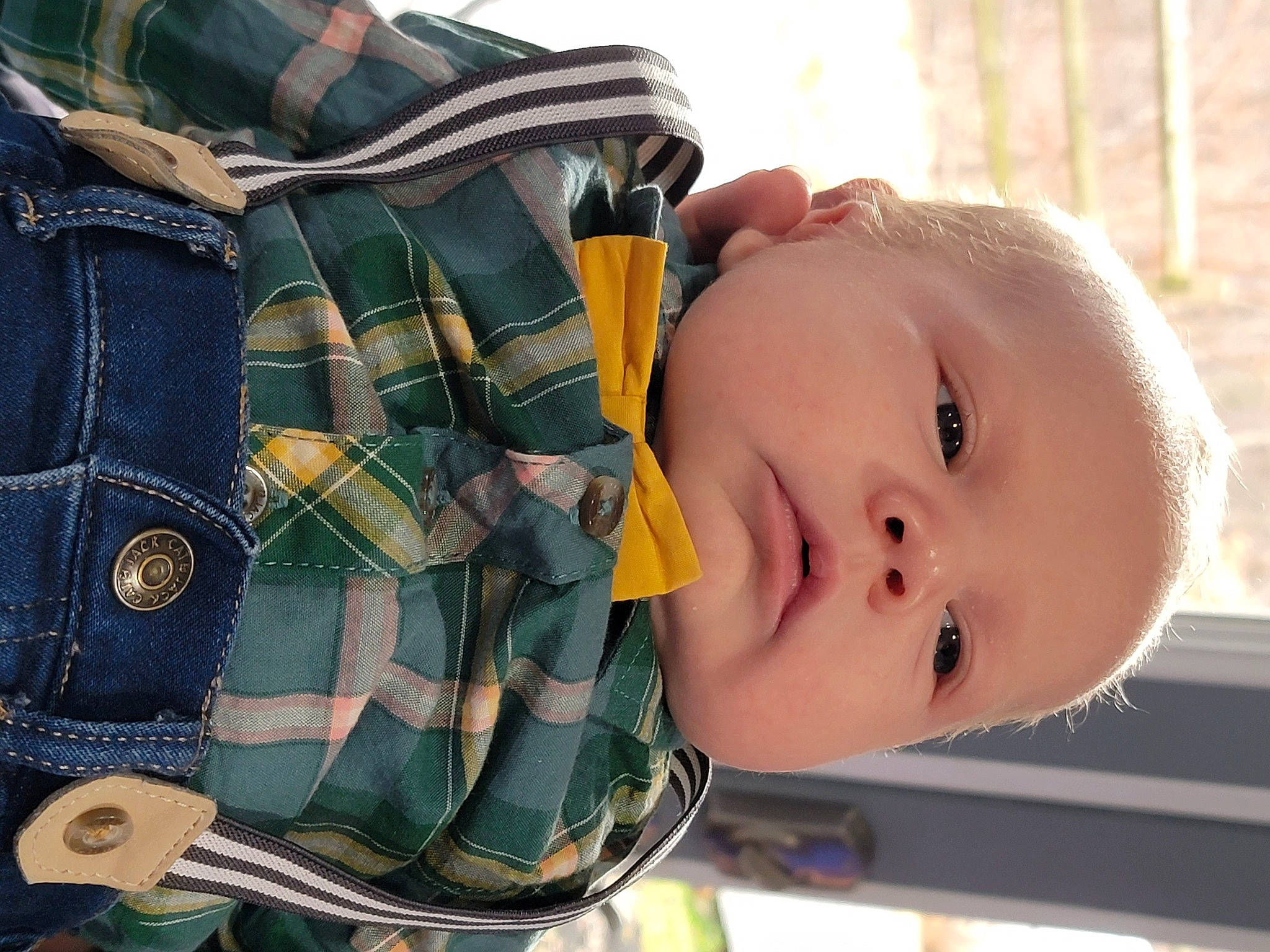 Chase joined the competition — help win amazing prizes! baby, baby_toddler_clothing, button, cheek, child, collar, dress_shirt, eyelash, fashion_accessory, pattern, person, plaid, plant, portrait_photography, skin, sleeve, tartan, toddler, tree, window