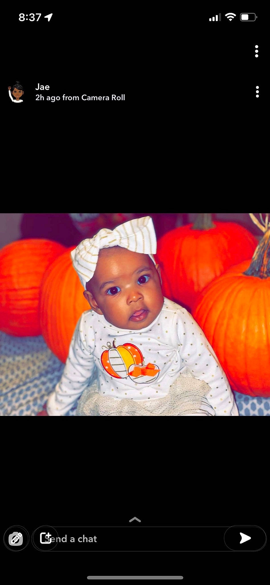 Journey is registered to the contest to win money with this photo: baby, baby_toddler_clothing, calabaza, cucurbita, eye, flooring, gourd, happy, head, headwear, human_body, mouth, natural_foods, orange, person, plant, pumpkin, squash, toddler, vegetable