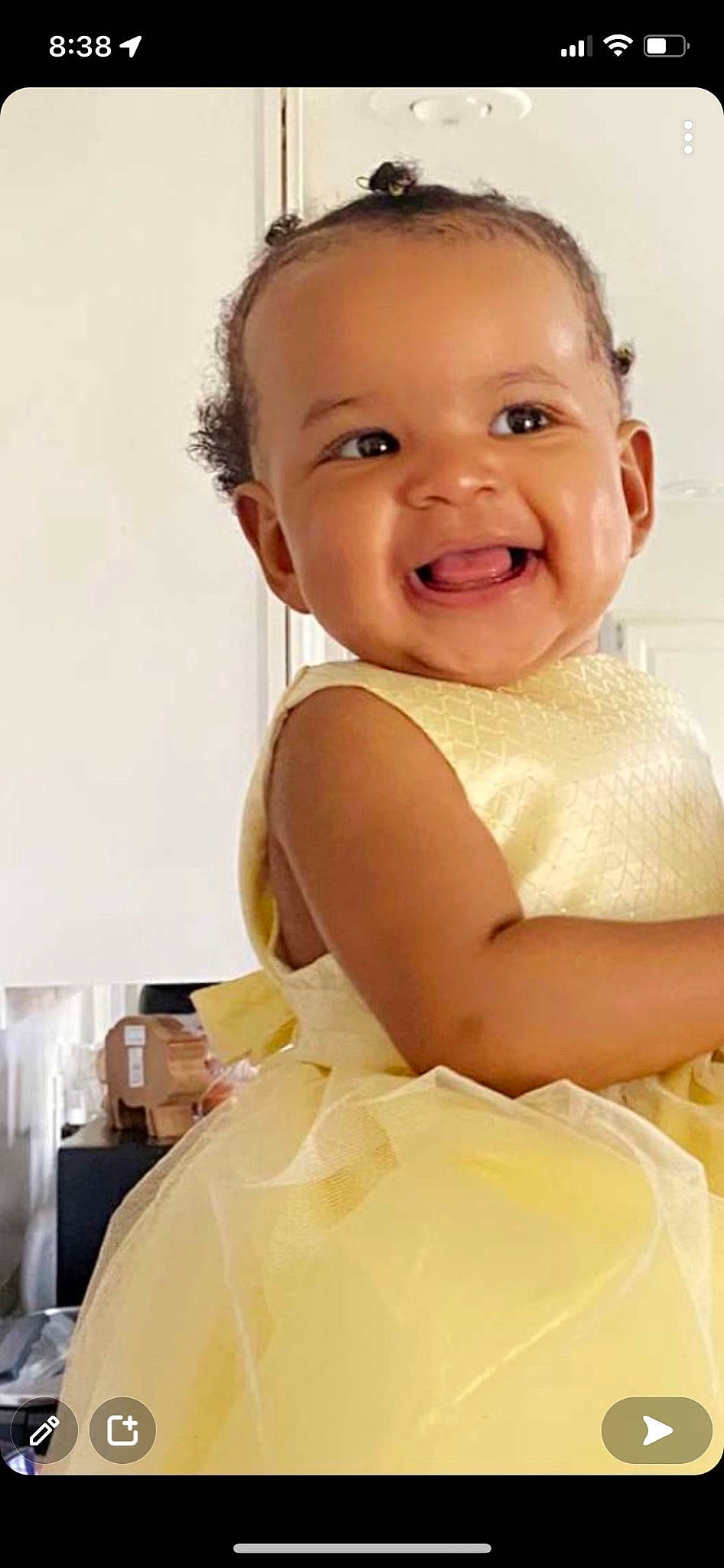 Journey is registered to the contest to win money with this photo: baby, baby_laughing, baby_products, baby_toddler_clothing, beauty, blond, cheek, child, dress, event, facial_expression, fun, happy, joy, laugh, person, sitting, skin, sleeve, smile