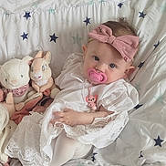 Lyliana a rejoint le concours — aidez-le/la à gagner de superbes lots ! baby, infant, pacifier, headband, pink, white_dress, lace, tights, plush_toy, bunny, bedspread, stars, cute, child, portrait, indoors, resting, soft_toys, blanket, adorable