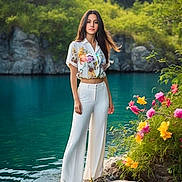 Margot participe au concours pour gagner de l'argent avec cette photo : adult, beachwear, blouse, clothing, dress, fashion, female, flower, formalwear, gown, nature, outdoors, pants, person, photography, plant, sleeve, standing, vegetation, woman
