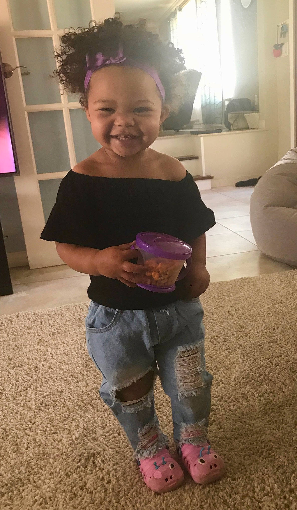 Bryleigh joined the competition — help win amazing prizes! abdomen, child, flooring, footwear, head, joint, joy, leg, material_property, person, purple, shoe, shoulder, t_shirt, toddler, trunk