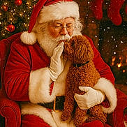 Gracie Lynn is registered to the contest to win money with this photo: beard, celebration, christmas_stockings, christmas_tree, cute, dog, festive, fireplace, glasses, gloves, holiday, indoor, pet, red_chair, red_suit, santa_claus, snow, warmth, white_fur_trim, winter