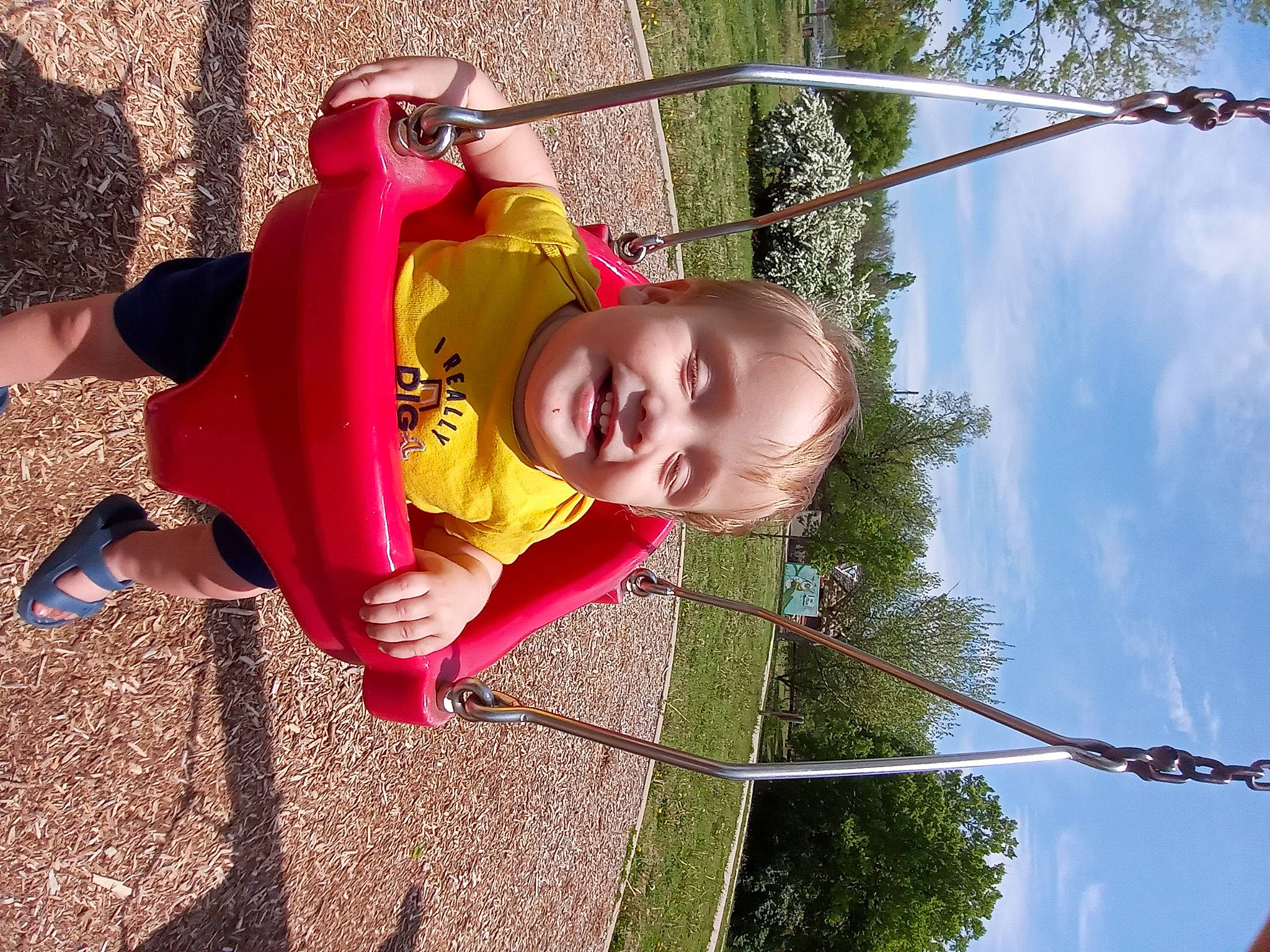 Jacoby is registered to the contest to win money with this photo: grass, green, happy, hat, joy, leaf, leisure, light, line, nature, outdoor_play_equipment, people_in_nature, person, plant, public_space, red, sky, smile, toddler, tree