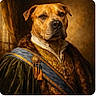 dog, portrait, regal, royal_clothing, velvet, sash, fur, brown_dog, canine, costume, historical_style, noble, luxury, decorative, portrait_style, indoors, fabric, lace, brocade, medallion