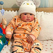 Addvik joined the competition — help win amazing prizes! baby, child, infant, hat, pom_poms, plush, toy, sitting, cozy, outfit, patterned_clothing, cheeks, rosy_cheeks, indoor, bed, blanket, cute, warm, person, portrait