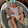 Avery joined the competition — help win amazing prizes! baby, infant, smiling, headband, bow, onesie, patterned_clothing, baby_rocker, seat, cushion, indoor, happy, cute, child, person, skin, foot, hand, baby_clothes, portrait