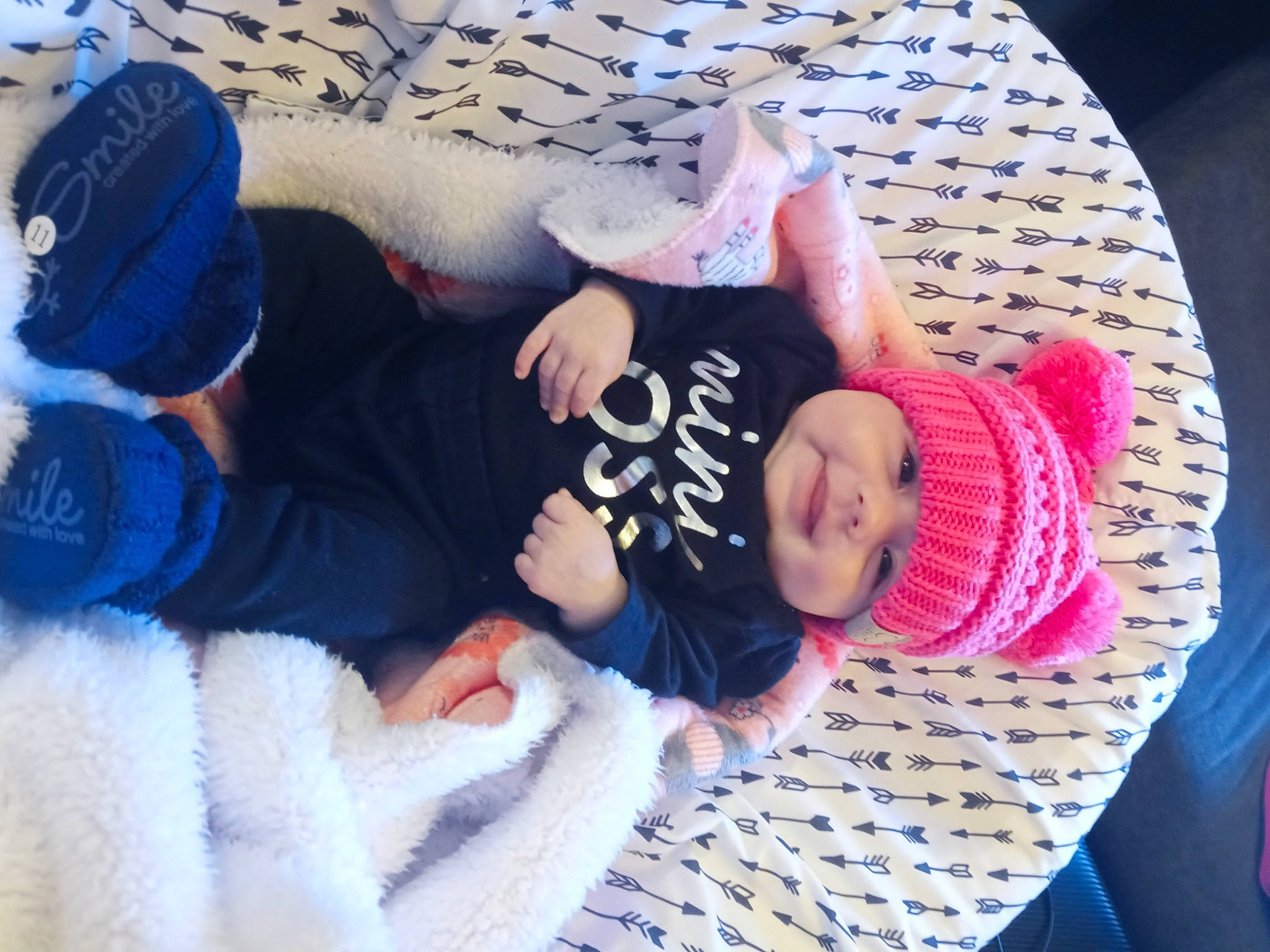 Kaysenn is registered to the contest to win money with this photo: arm, baby, baby_products, baby_sleeping, baby_toddler_clothing, beanie, child, comfort, finger, hand, happy, headgear, headwear, knit_cap, linens, person, skin, sleeve, sock, textile