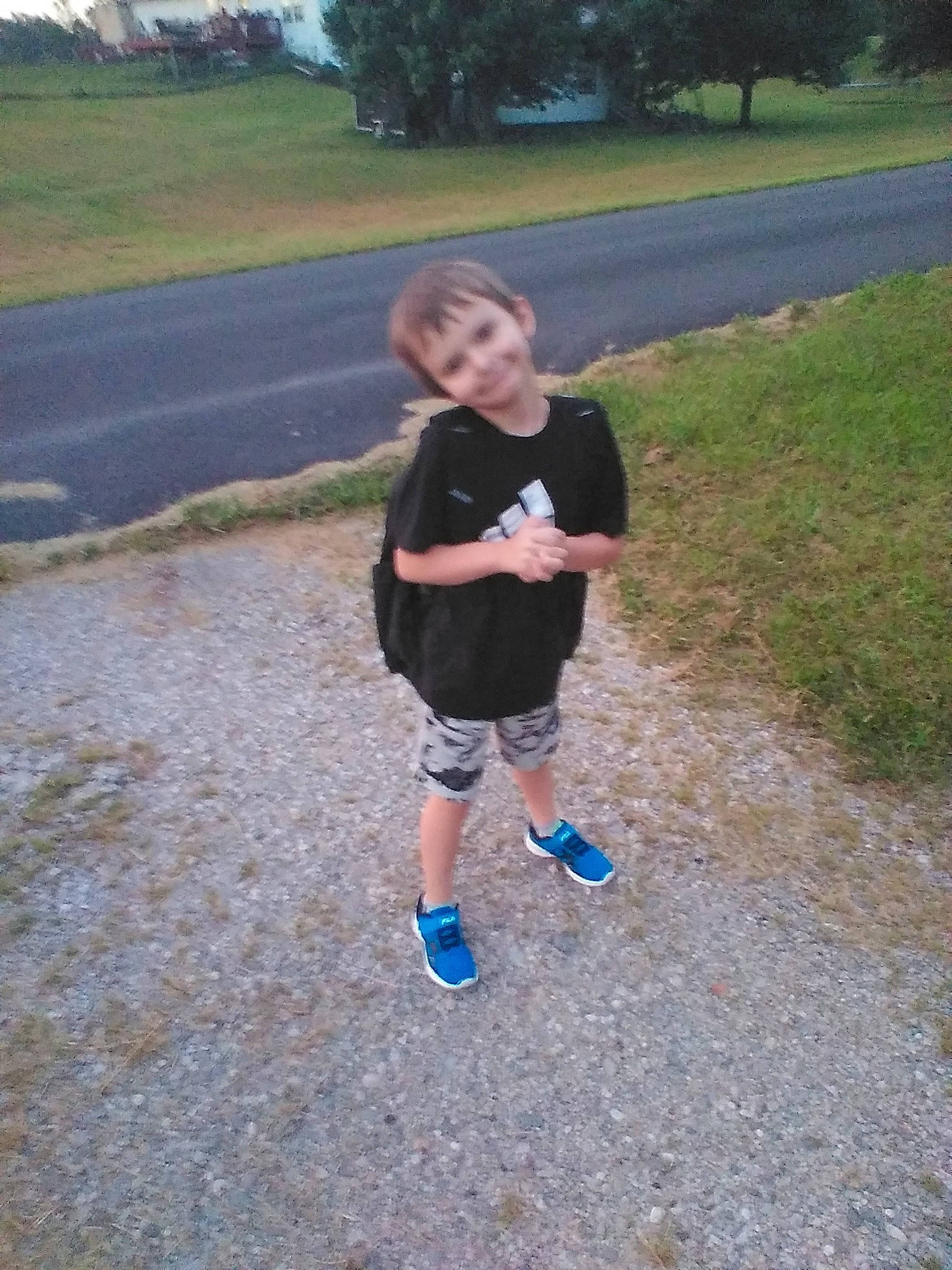 Alan is registered to the contest to win money with this photo: asphalt, electric_blue, fun, grass, grassland, human_leg, joy, landscape, leg, leisure, person, plant, recreation, road, road_surface, running, shorts, sidewalk, t_shirt, toddler