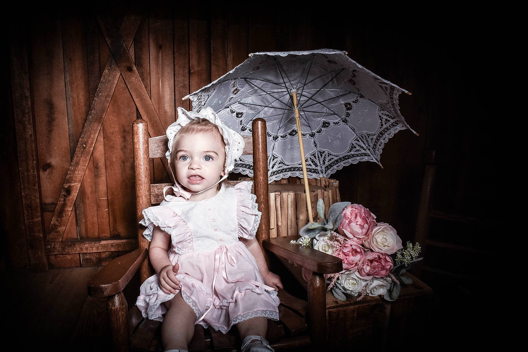 Korra is registered to the contest to win money with this photo: art, baby, darkness, dress, event, fashion_accessory, fashion_design, flash_photography, flesh, fun, headpiece, monochrome, person, room, sitting, tints_and_shades, toddler, umbrella, vintage_clothing, visual_arts