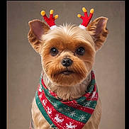 Molly joined the competition — help win amazing prizes! dog, small_dog, yorkshire_terrier, festive, holiday, scarf, reindeer_ears, cute, pet, portrait, studio, christmas, costume, animal, fur, ears, brown, adorable, looking_at_camera, neutral_background