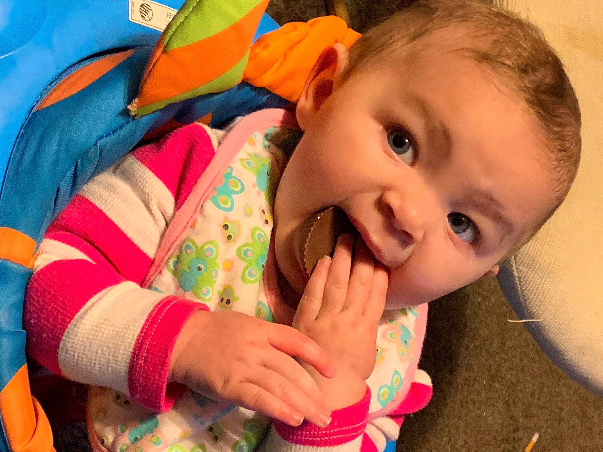 Astrid joined the competition — help win amazing prizes! baby, baby_toddler_clothing, cheek, child, chin, eye, eyebrow, eyelash, finger, gesture, green, happy, head, human_body, iris, lip, mouth, nose, person, skin