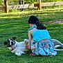 child, dog, grass, outdoor, fence, greenery, playful, summer, pet, happy, animal, girl, back_view, casual_clothing, nature, sunlight, tongue_out, resting, fun, friendship
