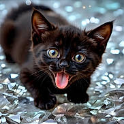 Mitzu joined the competition — help win amazing prizes! adorable, animal, black_kitten, cat, close_up, crystals, cute, focus, fur, indoor, pet, playful, portrait, shiny, small, sparkling, tongue_out, whiskers, wide_eyes, young